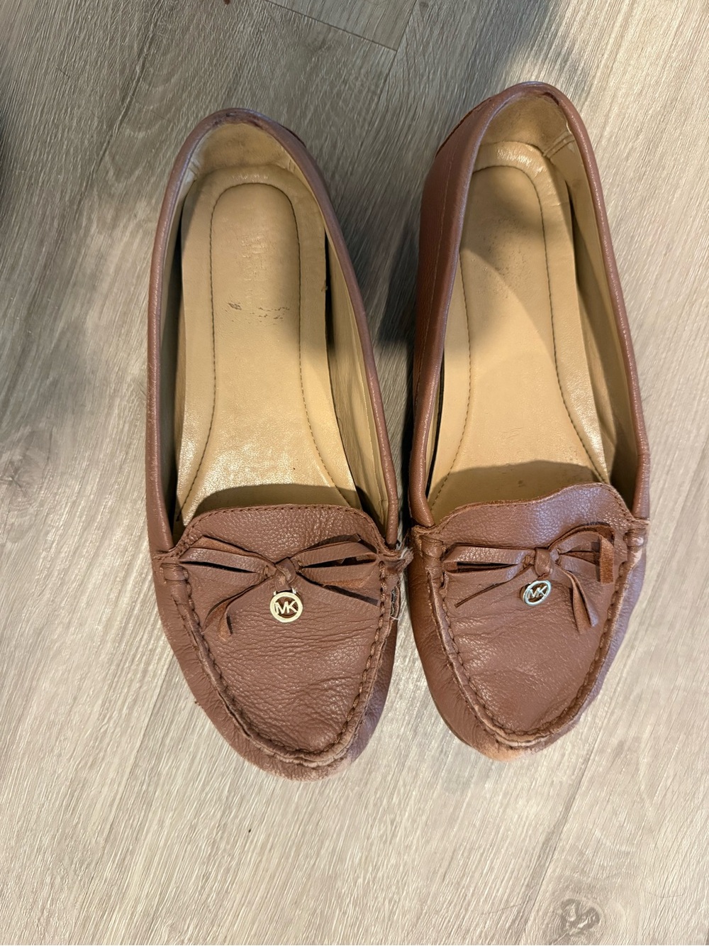 Michael Kors Chestnut Leather Moccasin Loafers with Bow & MK Charm